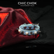 CHICCHOK Hidden Edge Denim Spiked Pearl Bracelet | Gothic Light Blue Washed Canvas Cuff | Y2K Cyberpunk Punk Rock Metal Studded Wristband for Sensitive Skin