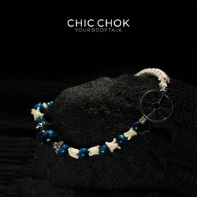 Obsidian Copper Coin Snake Bone Beaded Bracelet