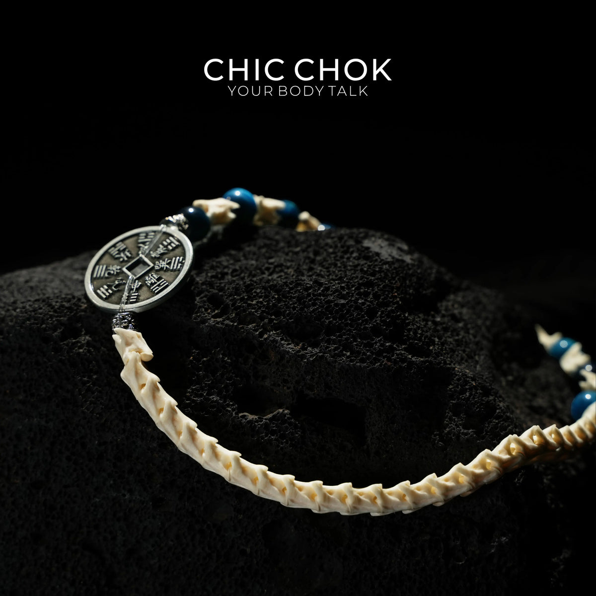 Obsidian Copper Coin Snake Bone Beaded Bracelet