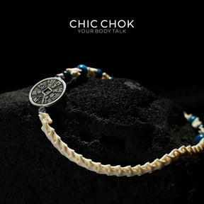 Obsidian Copper Coin Snake Bone Beaded Bracelet
