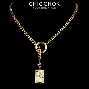 CHICCHOK Gilded Star Haven Y-Lariat Necklace | 18K Gold Plated Stainless Steel Cuban Chain | Vintage Textured Crushed Gold Heart Pendant Coquette Jewelry