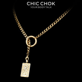CHICCHOK Gilded Star Haven Y-Lariat Necklace | 18K Gold Plated Stainless Steel Cuban Chain | Vintage Textured Crushed Gold Heart Pendant Coquette Jewelry