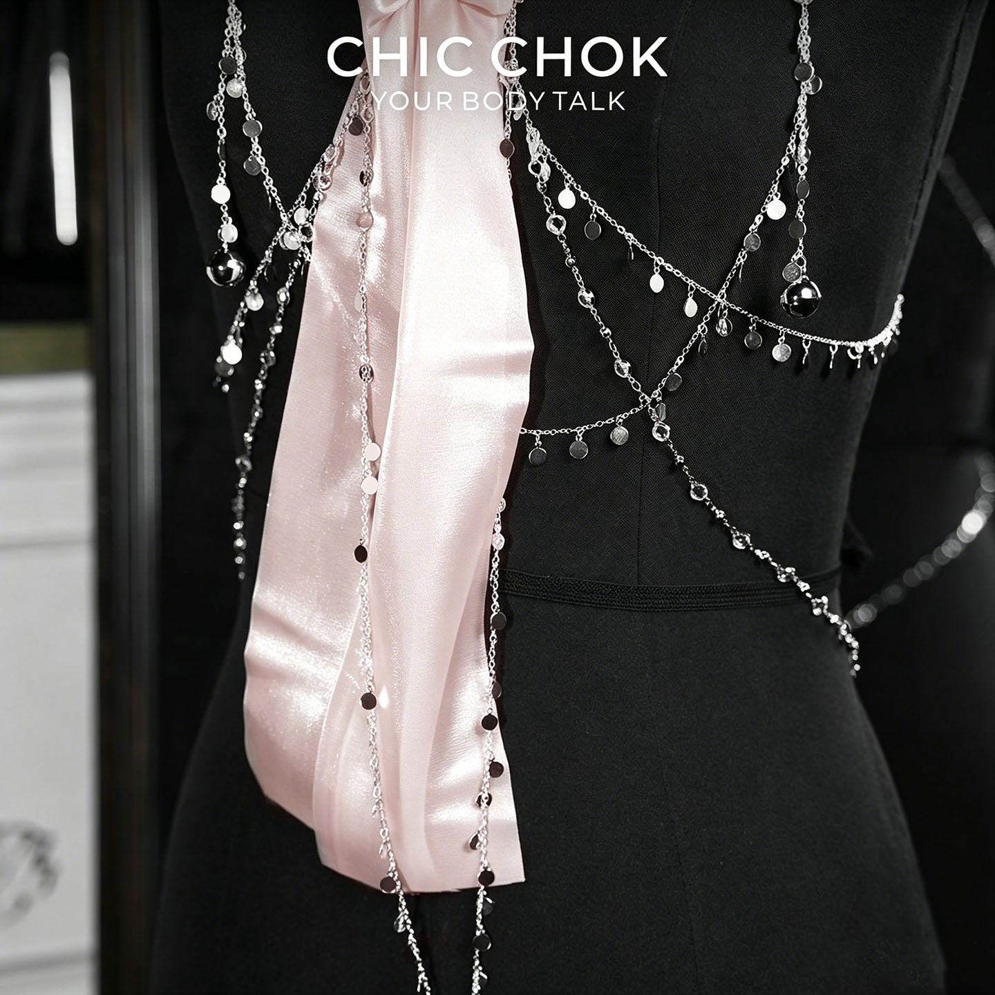 CHICCHOK Starfall Covenant Pastel Pink Body Chain | Shimmering Bowknot Chest Harness | Gothic Lolita Subversive Kawaii Jewelry