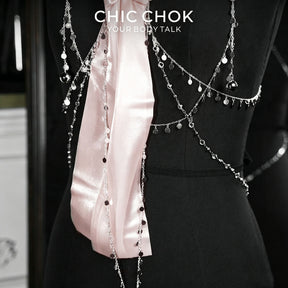 CHICCHOK Starfall Covenant Pastel Pink Body Chain | Shimmering Bowknot Chest Harness | Gothic Lolita Subversive Kawaii Jewelry