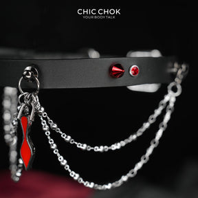 CHICCHOK "Blazing Collar" Red Tie Pendant Leather Choker | Gothic Spikes & Eyeglass Chain Drop Collar | Subversive Alt Dark Streetwear Neckwear