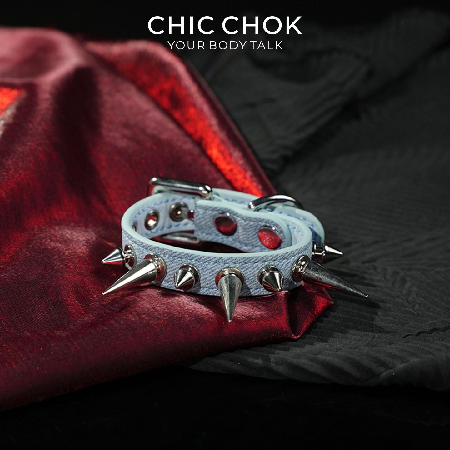 CHICCHOK Mist Isle Covenant Denim Spiked Bracelet | Gothic Light Blue Washed Canvas Cuff | Y2K Cyberpunk Heavy Metal Studded Wristband Body Armor