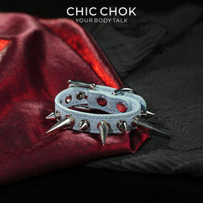 CHICCHOK Mist Isle Covenant Denim Spiked Bracelet | Gothic Light Blue Washed Canvas Cuff | Y2K Cyberpunk Heavy Metal Studded Wristband Body Armor