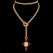 CHICCHOK Sacred Heart Emerald Shadow Kalung Y-Lariat | Choker Salib Barok Berlapis Emas | Perhiasan Tubuh Gotik Mewah Berzircon