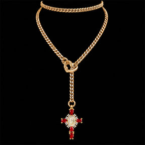 CHICCHOK Sacred Heart Emerald Shadow Kalung Y-Lariat | Choker Salib Barok Berlapis Emas | Perhiasan Tubuh Gotik Mewah Berzircon
