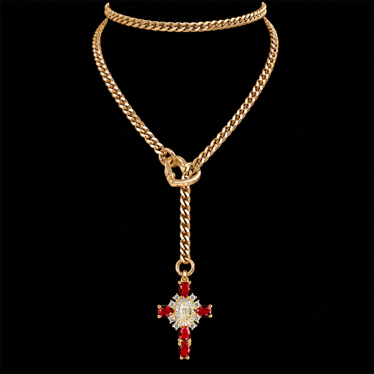 CHICCHOK Sacred Heart Emerald Shadow naszyjnik Y-lariat | Pozłacany barokowy choker z krzyżem | Luksusowa gotycka biżuteria body z cyrkonią