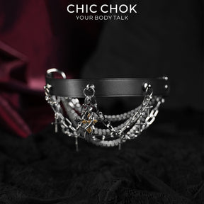 CHICCHOK Stigmata Echo Genuine Leather Choker | Gothic Cross Fringe Collar | Luxury Baroque Subversive Body Armor