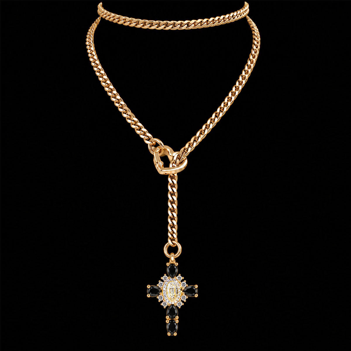 CHICCHOK Sacred Heart Emerald Shadow naszyjnik Y-lariat | Pozłacany barokowy choker z krzyżem | Luksusowa gotycka biżuteria body z cyrkonią