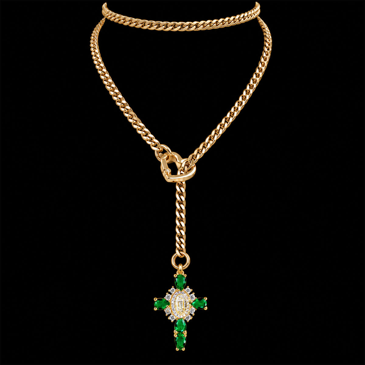 CHICCHOK Sacred Heart Emerald Shadow naszyjnik Y-lariat | Pozłacany barokowy choker z krzyżem | Luksusowa gotycka biżuteria body z cyrkonią
