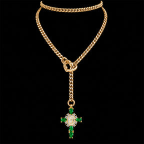 CHICCHOK Sacred Heart Emerald Shadow Kalung Y-Lariat | Choker Salib Barok Berlapis Emas | Perhiasan Tubuh Gotik Mewah Berzircon