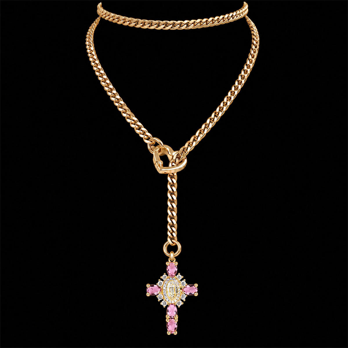 CHICCHOK Sacred Heart Emerald Shadow Kalung Y-Lariat | Choker Salib Barok Berlapis Emas | Perhiasan Tubuh Gotik Mewah Berzircon