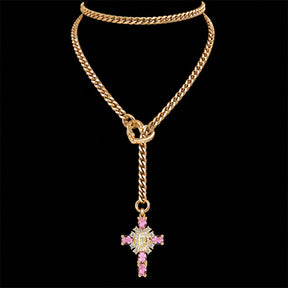 CHICCHOK Sacred Heart Emerald Shadow Kalung Y-Lariat | Choker Salib Barok Berlapis Emas | Perhiasan Tubuh Gotik Mewah Berzircon