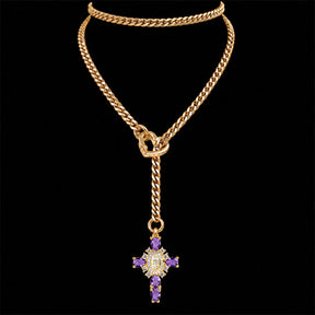 CHICCHOK Sacred Heart Emerald Shadow Kalung Y-Lariat | Choker Salib Barok Berlapis Emas | Perhiasan Tubuh Gotik Mewah Berzircon