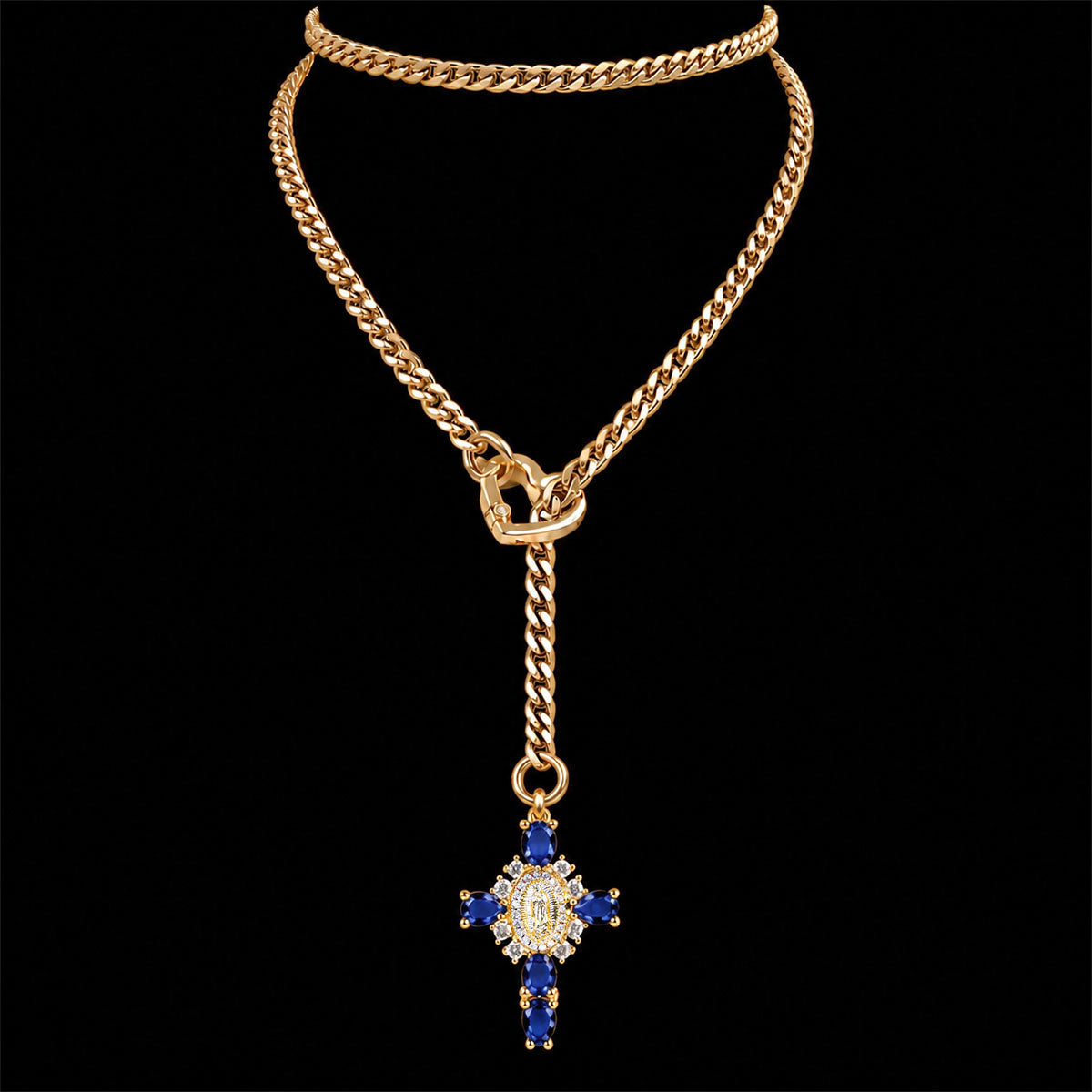CHICCHOK Sacred Heart Emerald Shadow naszyjnik Y-lariat | Pozłacany barokowy choker z krzyżem | Luksusowa gotycka biżuteria body z cyrkonią