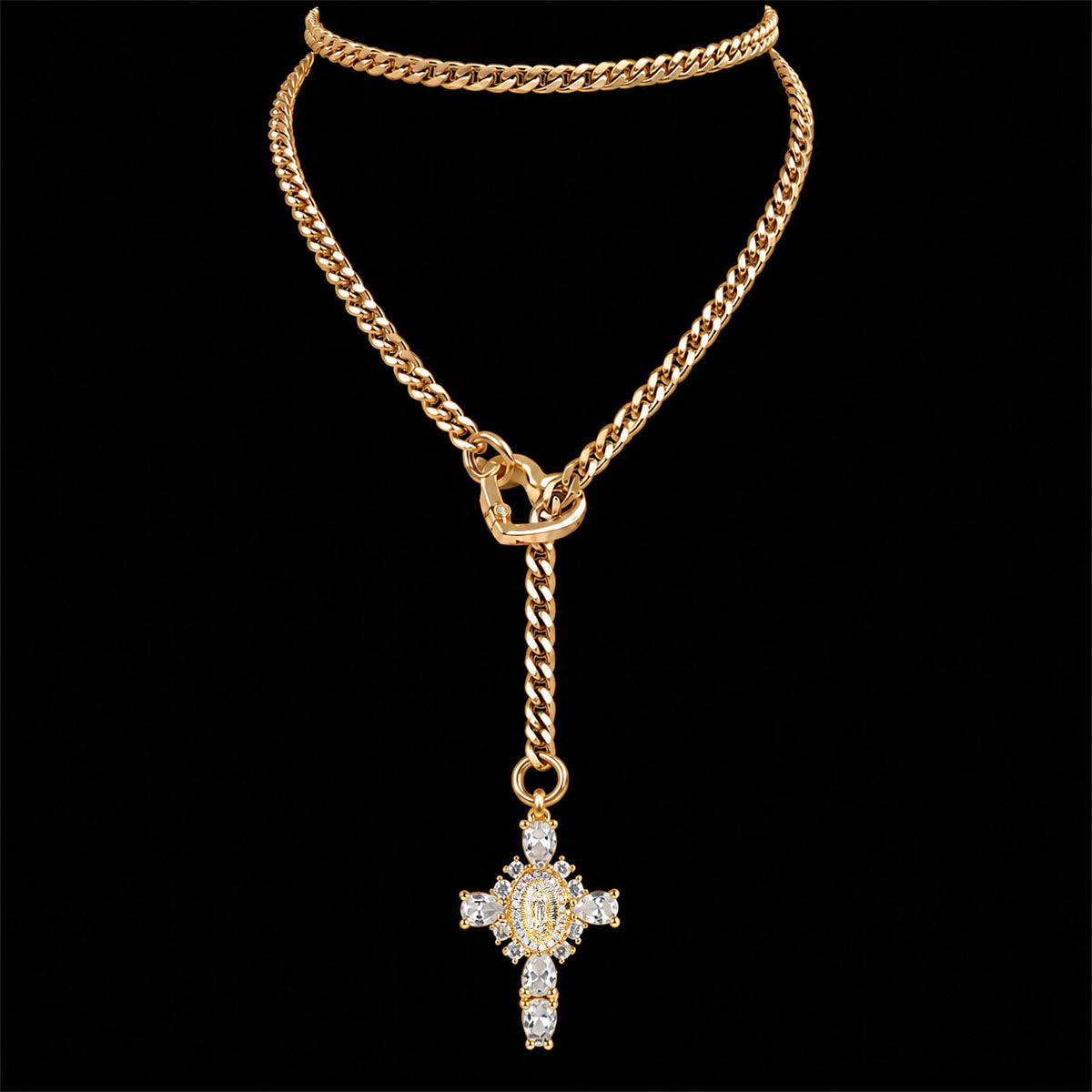 CHICCHOK Sacred Heart Emerald Shadow Kalung Y-Lariat | Choker Salib Barok Berlapis Emas | Perhiasan Tubuh Gotik Mewah Berzircon