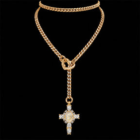 CHICCHOK Sacred Heart Emerald Shadow Kalung Y-Lariat | Choker Salib Barok Berlapis Emas | Perhiasan Tubuh Gotik Mewah Berzircon