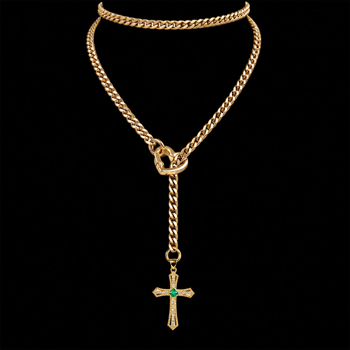 CHICCHOK Sacred Heart Emerald Shadow naszyjnik Y-lariat | Pozłacany barokowy choker z krzyżem | Luksusowa gotycka biżuteria body z cyrkonią