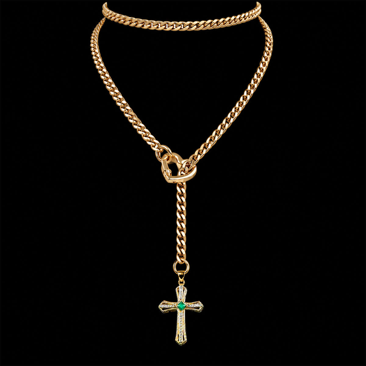 CHICCHOK Sacred Heart Emerald Shadow Kalung Y-Lariat | Choker Salib Barok Berlapis Emas | Perhiasan Tubuh Gotik Mewah Berzircon