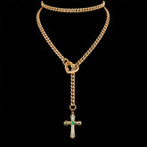CHICCHOK Sacred Heart Emerald Shadow Kalung Y-Lariat | Choker Salib Barok Berlapis Emas | Perhiasan Tubuh Gotik Mewah Berzircon