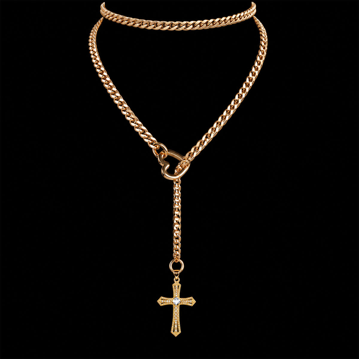 CHICCHOK Sacred Heart Emerald Shadow Kalung Y-Lariat | Choker Salib Barok Berlapis Emas | Perhiasan Tubuh Gotik Mewah Berzircon