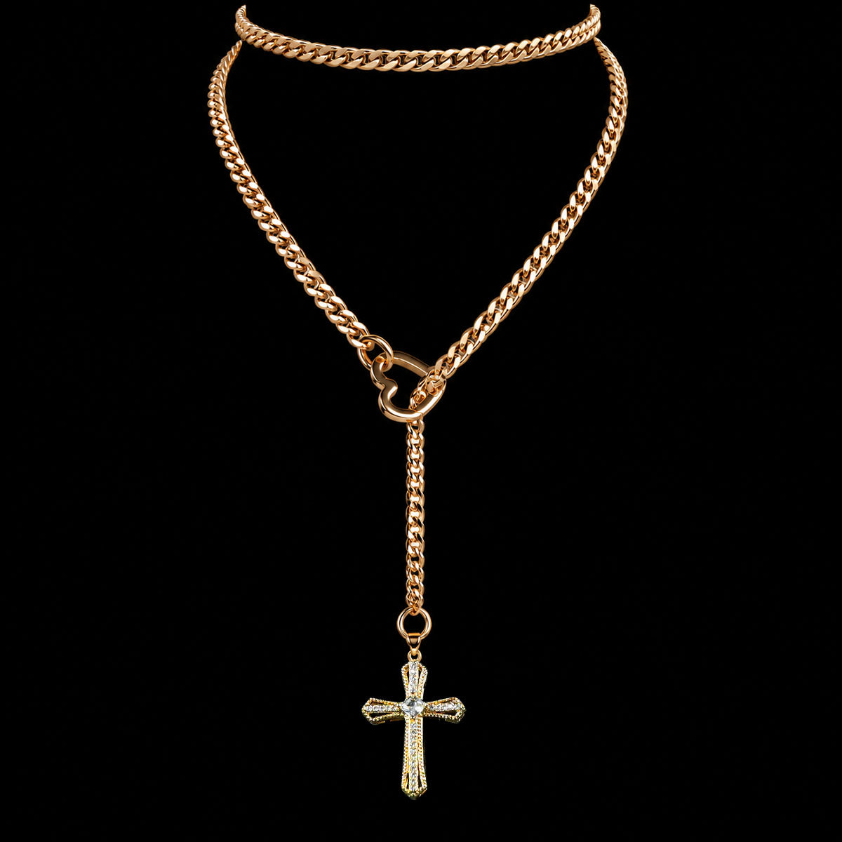 CHICCHOK Sacred Heart Emerald Shadow Kalung Y-Lariat | Choker Salib Barok Berlapis Emas | Perhiasan Tubuh Gotik Mewah Berzircon