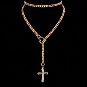 CHICCHOK Sacred Heart Emerald Shadow Kalung Y-Lariat | Choker Salib Barok Berlapis Emas | Perhiasan Tubuh Gotik Mewah Berzircon