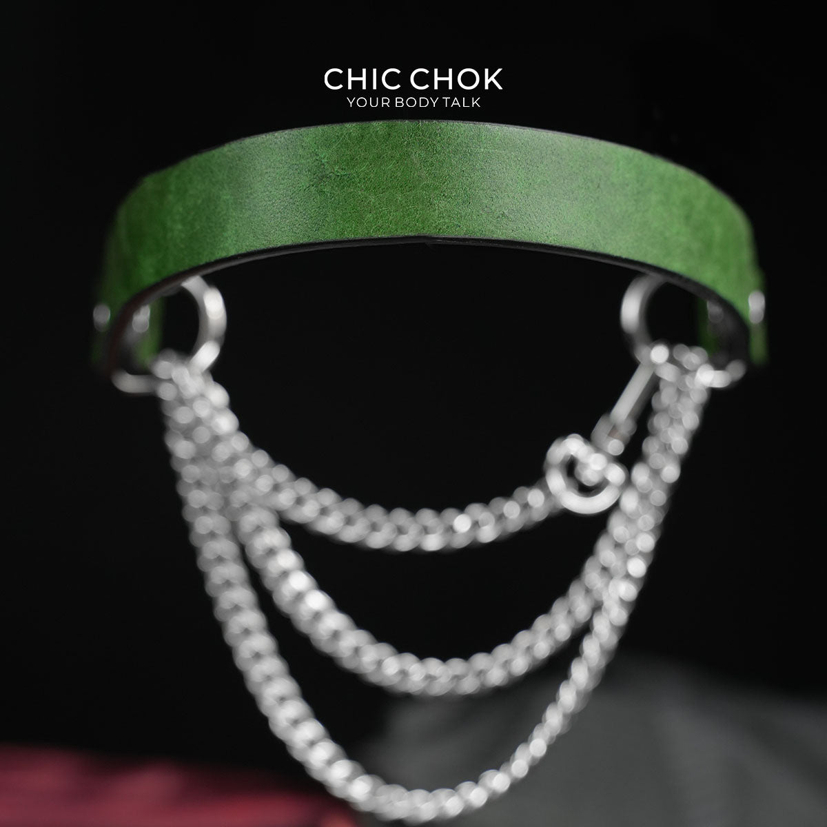 CHICCHOK "The Asphyxia" Dark Green Leather Choker | Triple Layered Stainless Steel Chains | Heavy Metal Grunge Subculture Neckwear