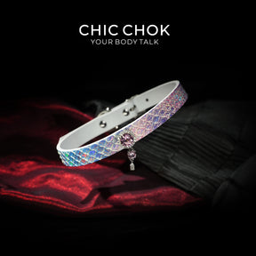 CHIC CHOK Rainbow Iridescent Snakeskin Necklace, Crystal Gemstone Pendant, Dazzling Python Skin Choker.