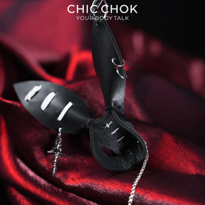 CHICCHOK Twin Shadow Rabbits | Matte Black Genuine Leather Dark Pendant | Gothic Cross-Sword Rune Accessory
