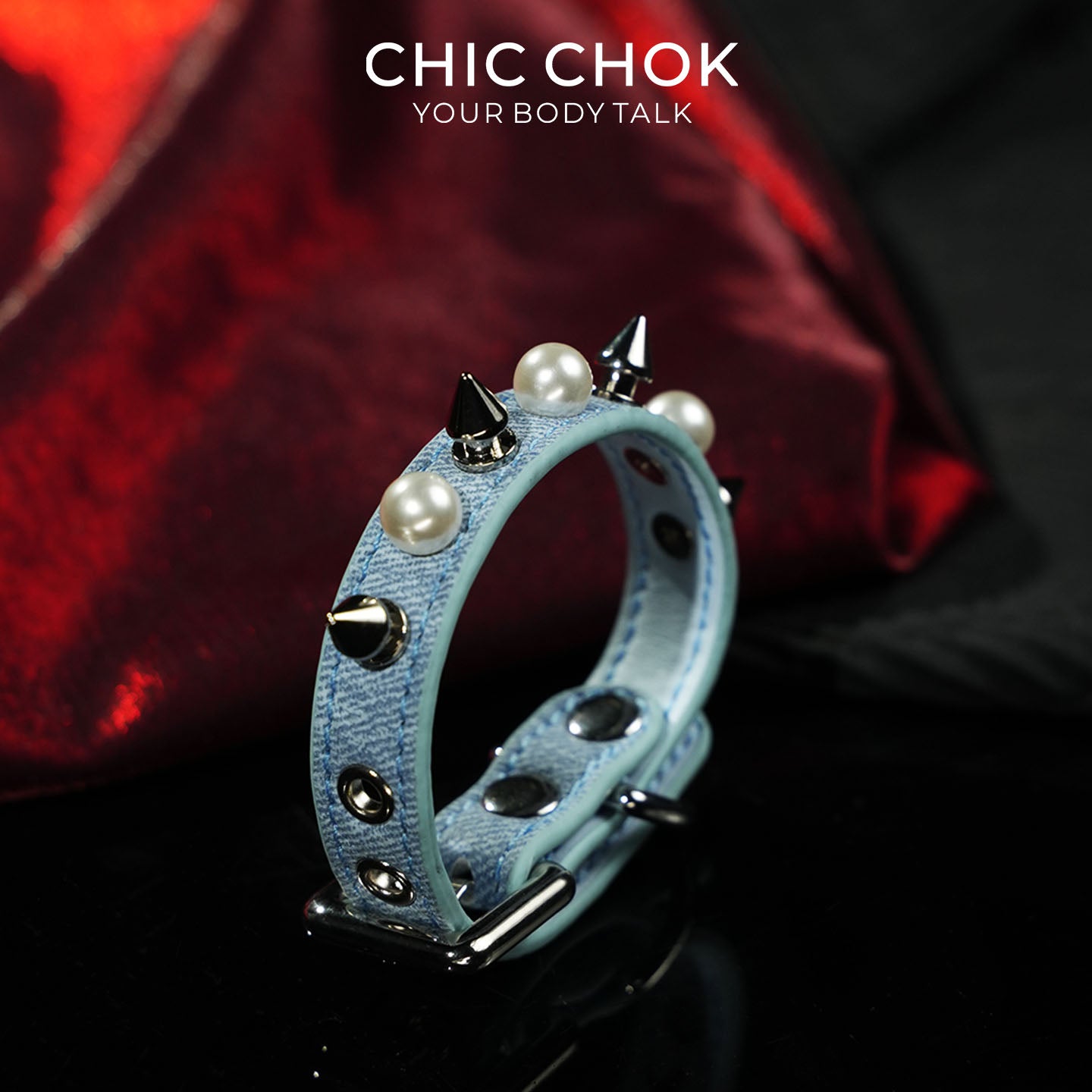 CHICCHOK Hidden Edge Denim Spiked Pearl Bracelet | Gothic Light Blue Washed Canvas Cuff | Y2K Cyberpunk Punk Rock Metal Studded Wristband for Sensitive Skin