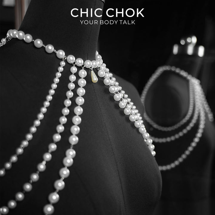 CHICCHOK Luminous Pearl Cape | Layered Shoulder Body Chain | Gothic Pearl Harness