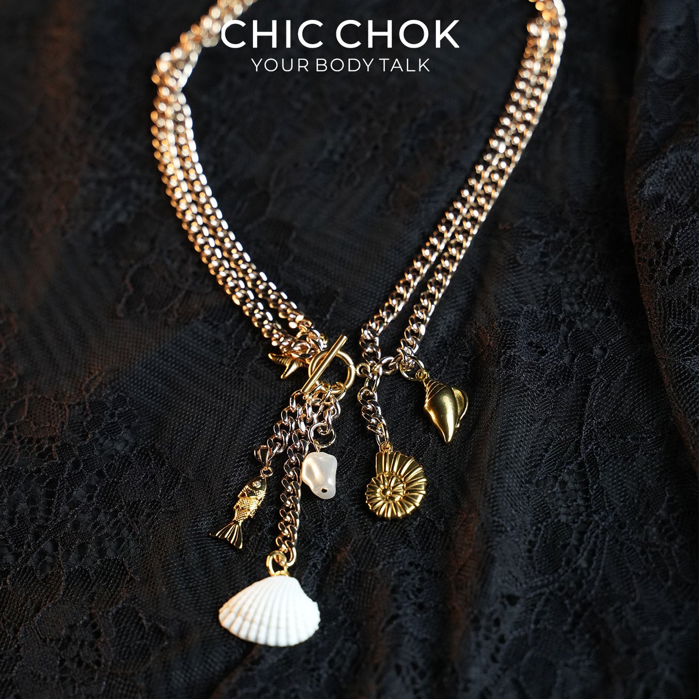 CHICCHOK Shattered Gold Coast Pearl Necklace | Handcrafted Stainless Steel Summer Beach Choker | Golden Sea Shell Luxury Baroque Vacation Jewelry