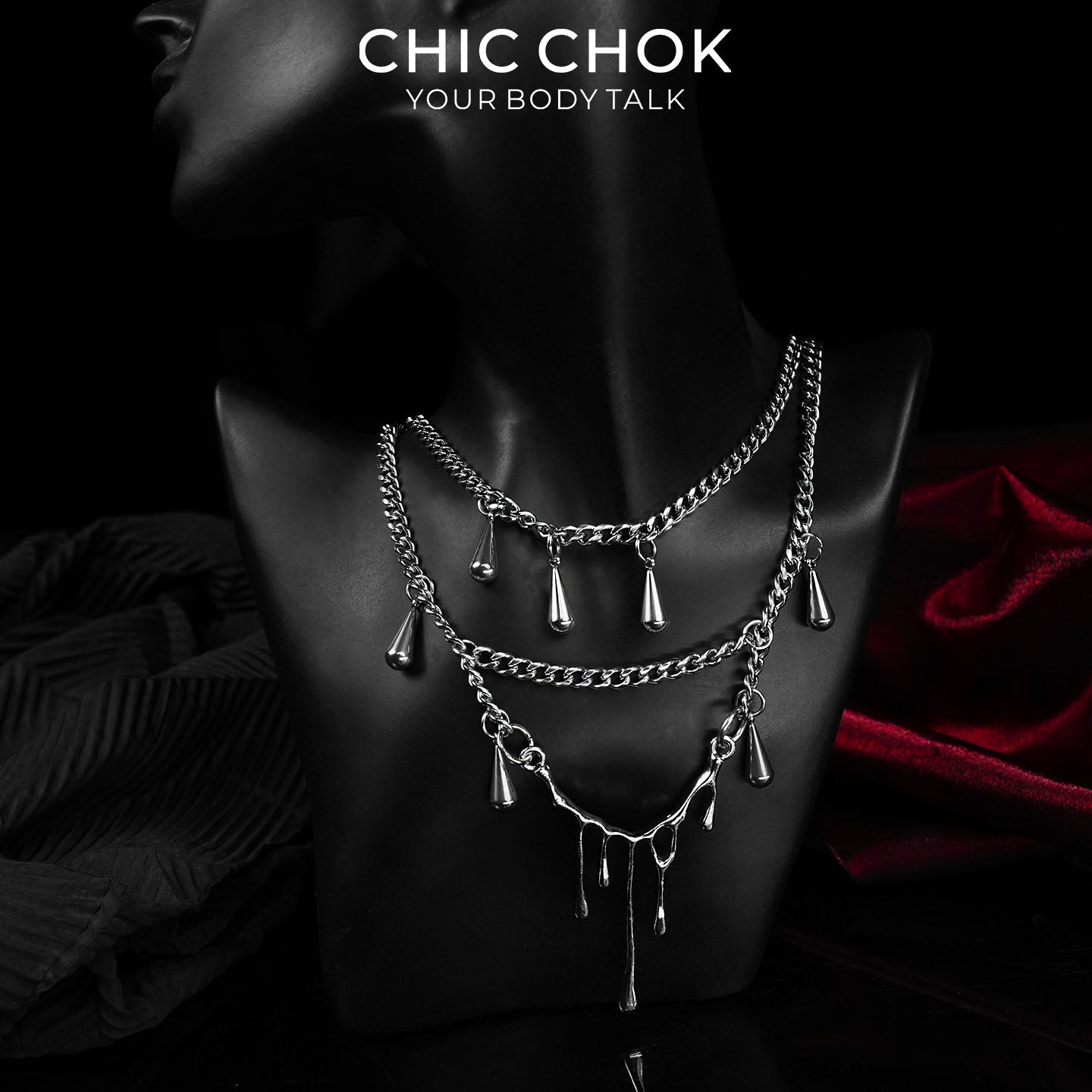 CHICCHOK Lava Tears | Liquid Metal Droplet Layered Necklace | Gothic Cyberpunk Industrial Jewelry