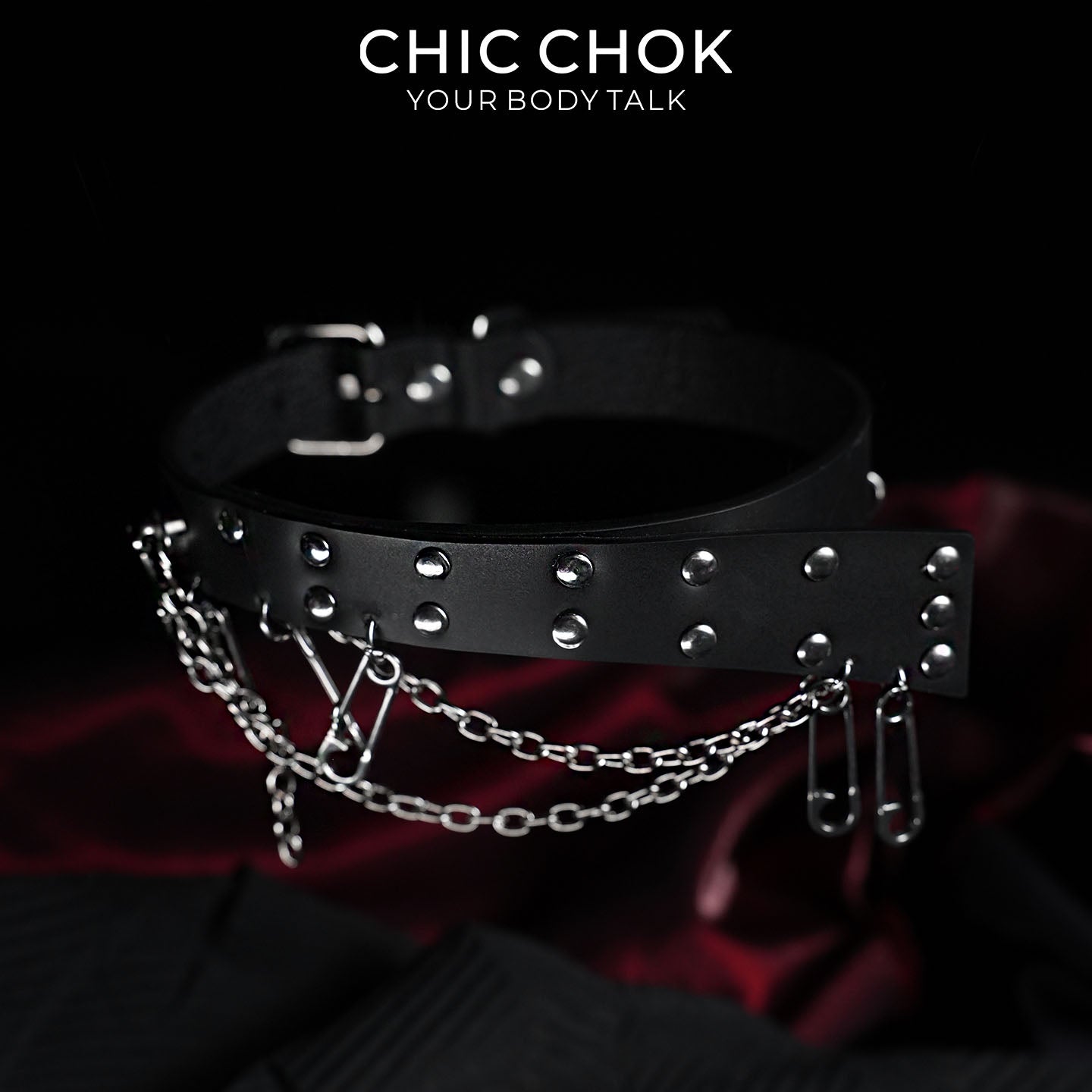 CHICCHOK Fractured Chain Pin | Genuine Leather Safety Pin Choker | Punk Grunge Collar