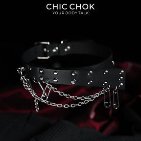 CHICCHOK Fractured Chain Pin | Genuine Leather Safety Pin Choker | Punk Grunge Collar