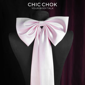 CHICCHOK Satin Bow Bone Covenant Choker | Coquette Pink Genuine Leather Collar | Gothic Rhinestone Paved Bone Charm Oversized Silk Bowknot Necklace for Sensitive Skin