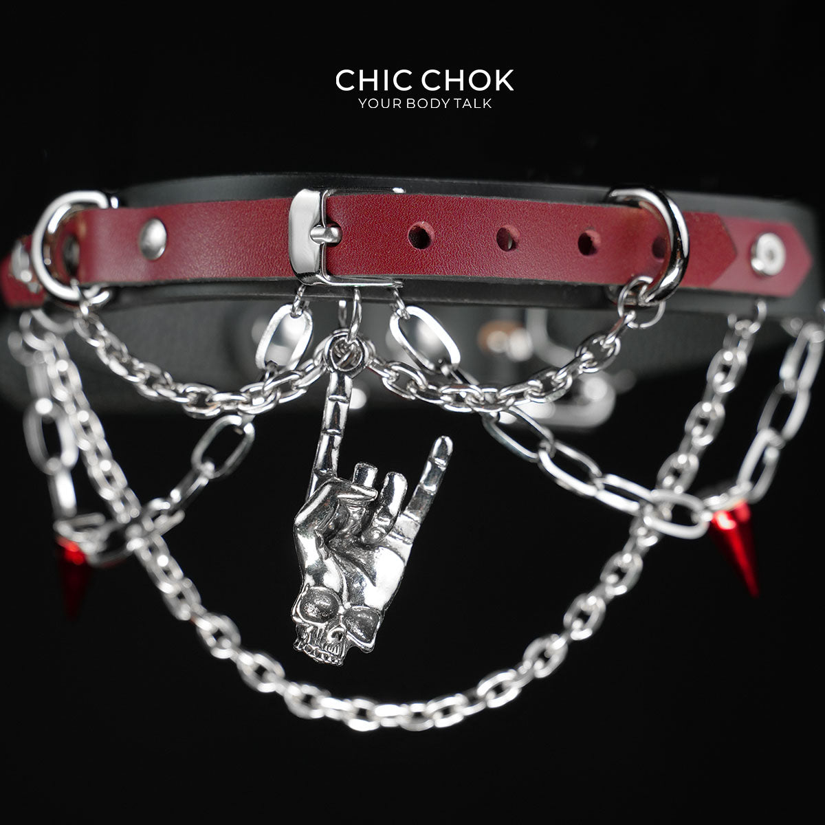 CHICCHOK "Crimson Encore" Layered Leather Choker | Gothic Skeleton Rock Hand Pendant | Heavy Metal Punk Subculture Neckwear