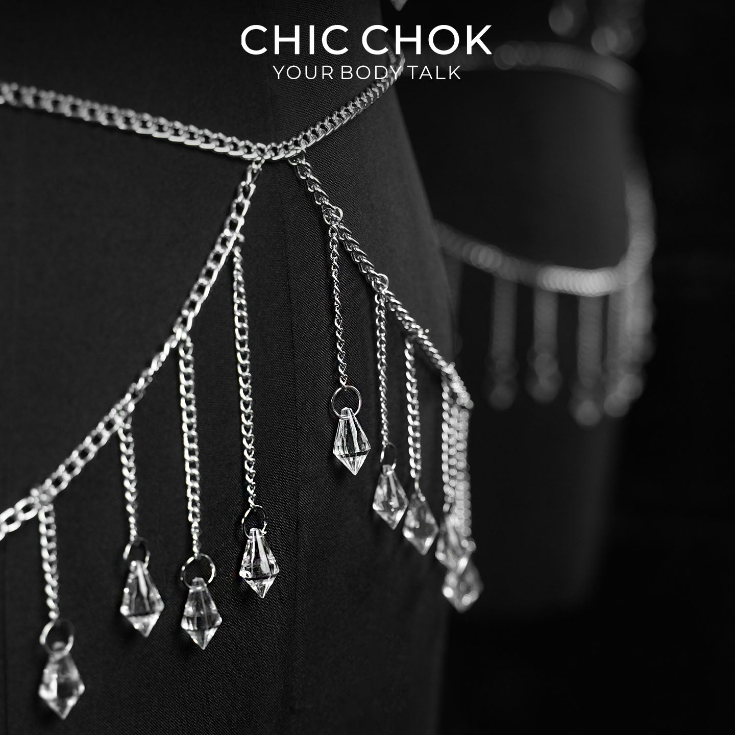 CHICCHOK Tears of the Siren | Ensemble chaîne de corps en cristal argenté | Harnais superposé & bijou de taille