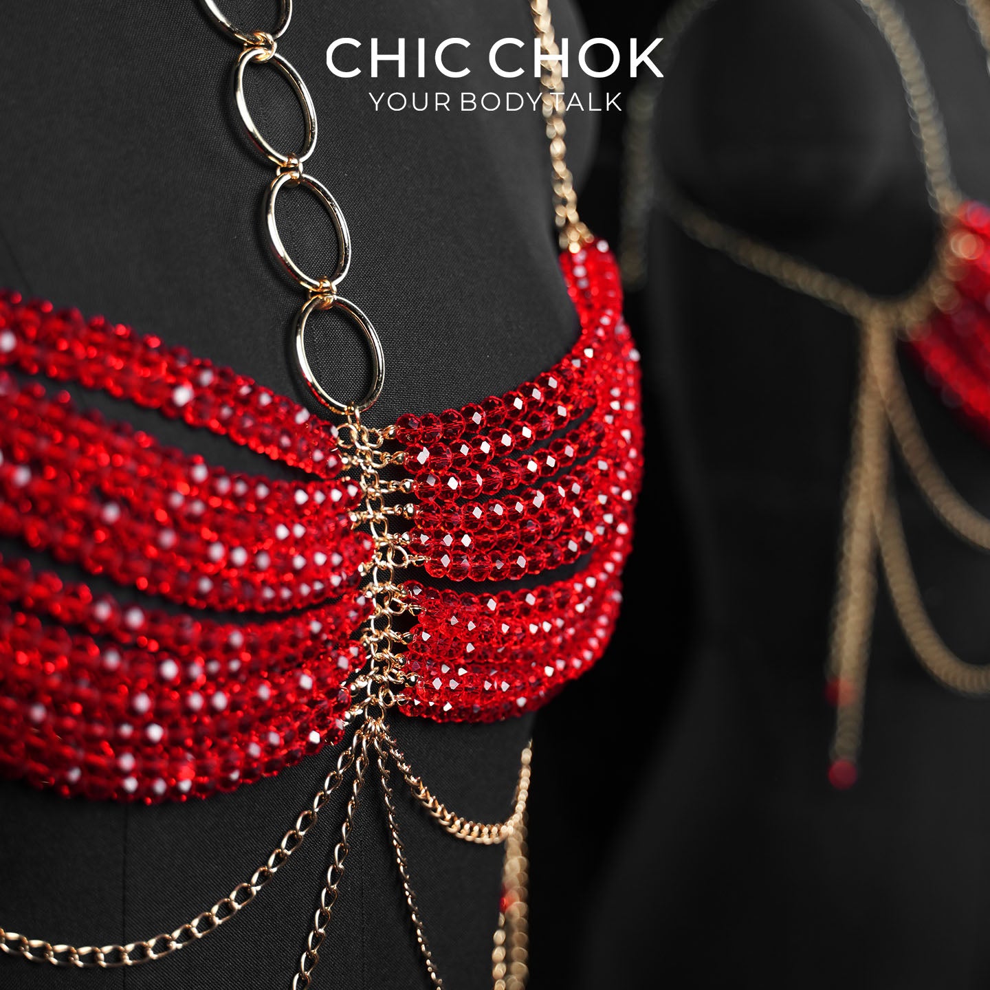 CHICCHOK Gypsy Kiss | Rantai Tubuh Bralette Kristal Merah | Harness Boho Emas Berlapis