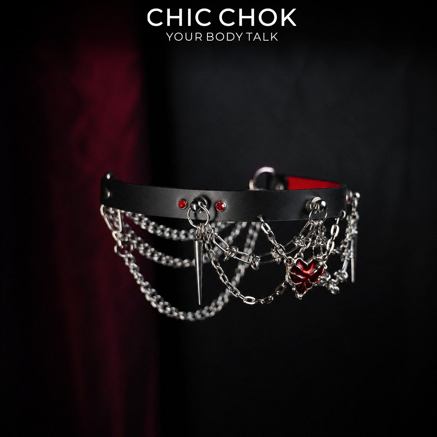 CHICCHOK Bloodbound Stigmata Leather Choker | Gothic Translucent Red Heart Collar | Heavy Punk Cyber Techwear Fringe Jewelry