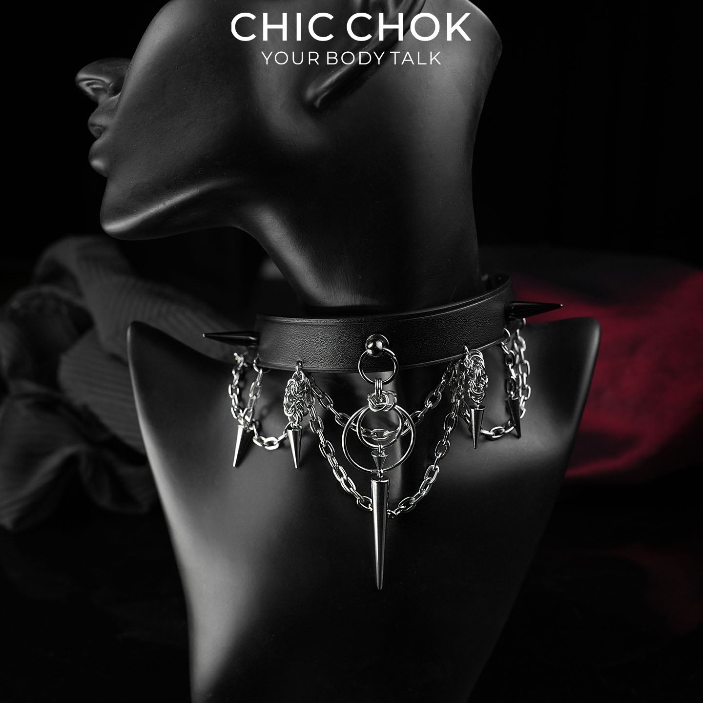 CHICCHOK Original "Thorns of Eclipse" Choker - Premium Full-Grain Leather & Stainless Steel Spiked Collar - Interactive Pull Chain Darkwear Jewelry