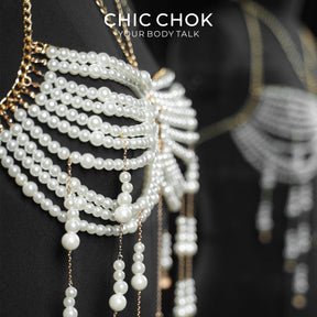CHICCHOK Golden Pearl Cascade | Layered Halter Body Chain | Tassel Cape Harness Bralette