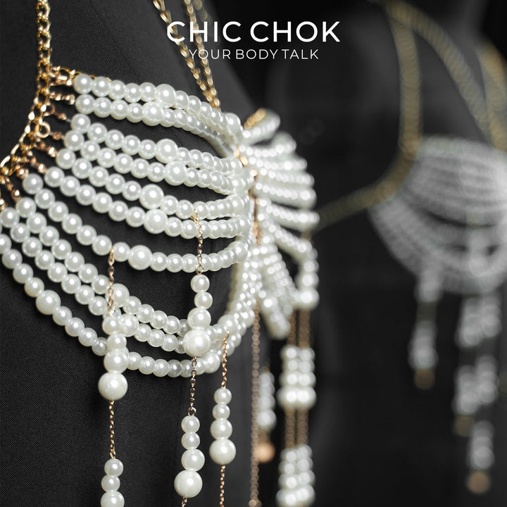 CHICCHOK Golden Pearl Cascade | Layered Halter Body Chain | Tassel Cape Harness Bralette