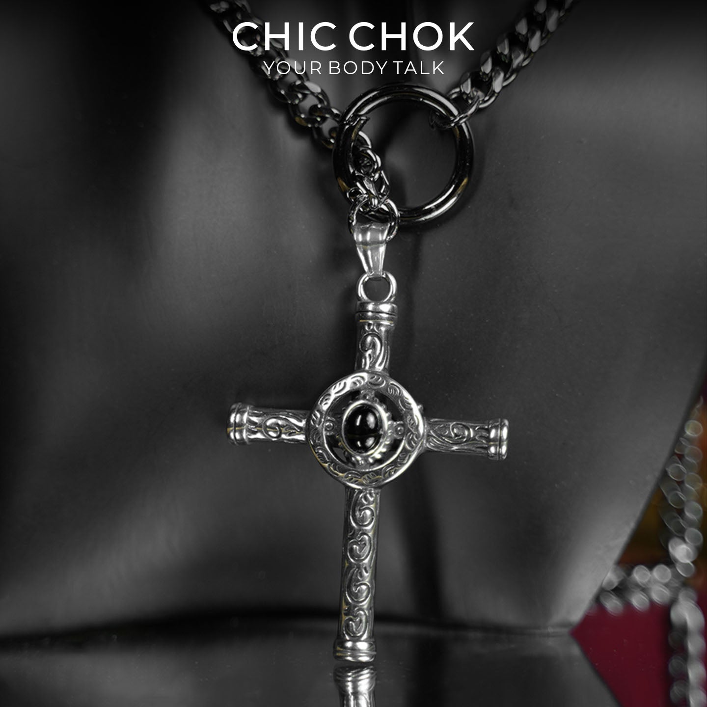 CHICCHOK Gloom Eye Crucifix Y-Lariat Necklace | Stainless Steel Cuban Link Chain | Gothic Vintage Zinc Alloy Cross Pendant Occult Jewelry