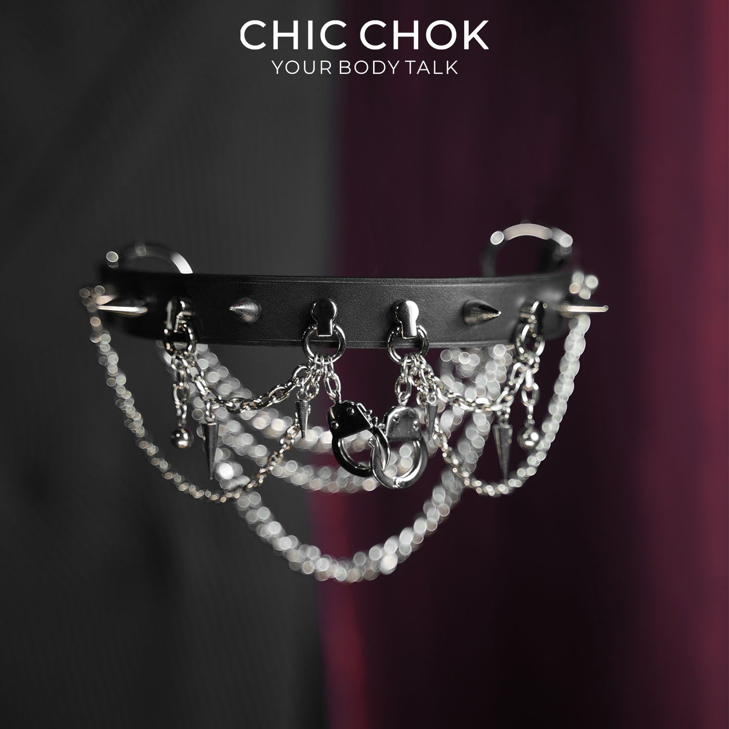 CHICCHOK Shackle Cage Handcuff Choker | Gothic Glossy Black Leather Spiked Collar | Subversive BDSM Aesthetic Industrial Punk Metal Chain Link Body Armor