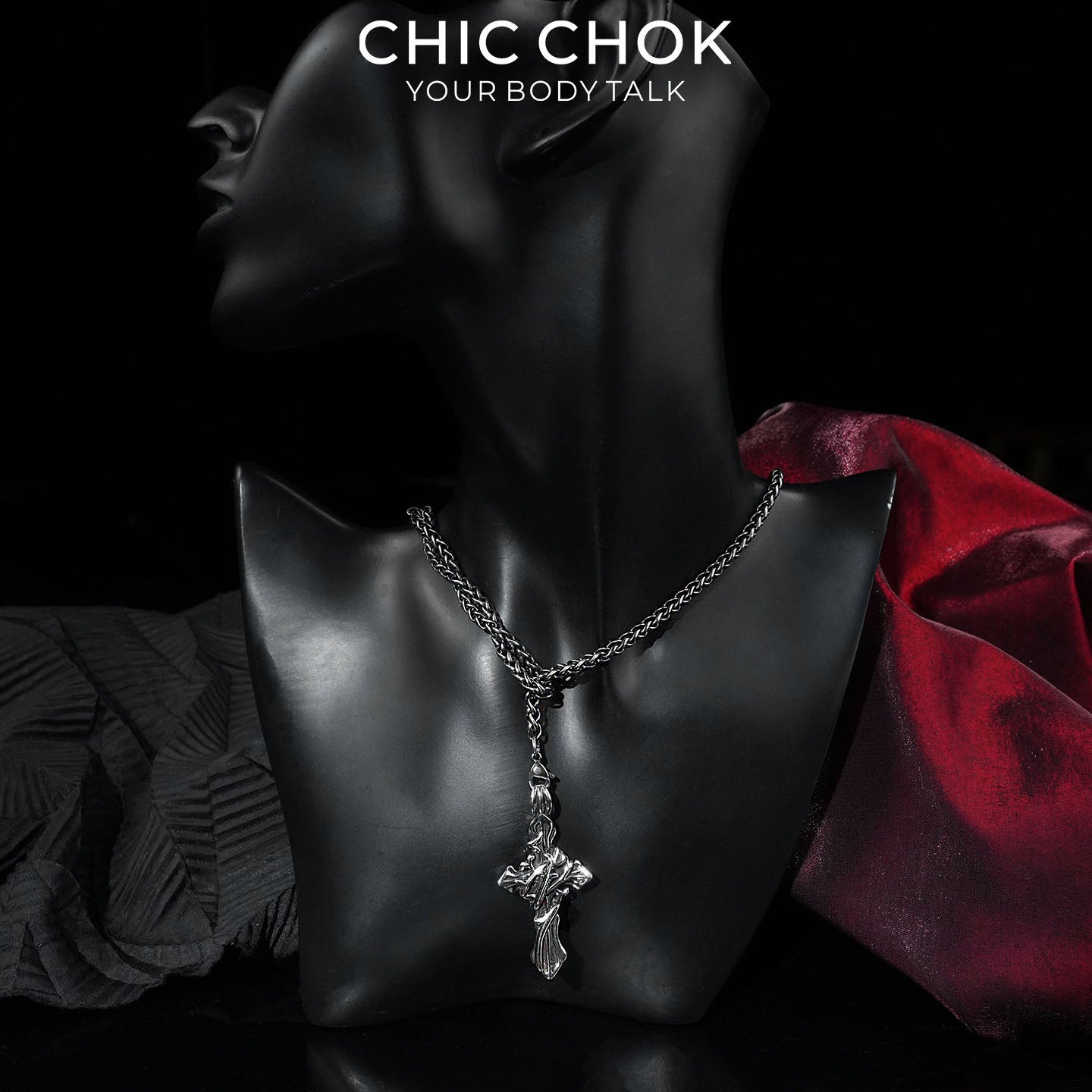 CHICCHOK Thorn Canticle | Gothic Thorns Cross Y-Necklace | Medieval Punk Woven Chain Jewelry